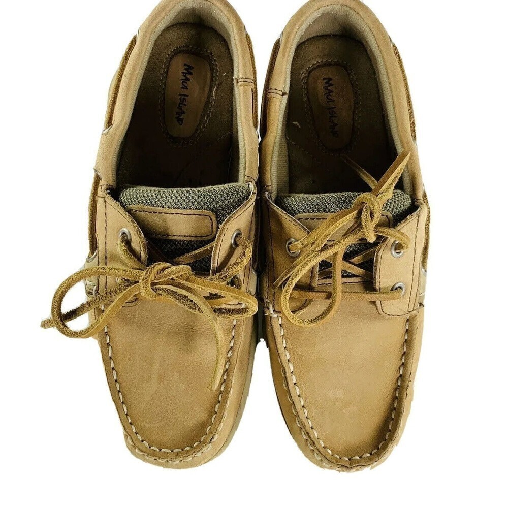 Maui Island Womens MARLIN Size 5.5M Leather Boat Deck Shoes Tan Lace Up Padded